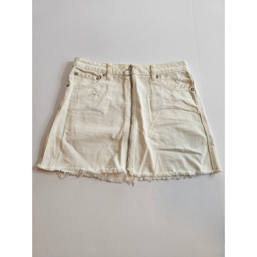 Free People We The Free Denim Mini Skirt 27 Ivory Distressed Zip Front